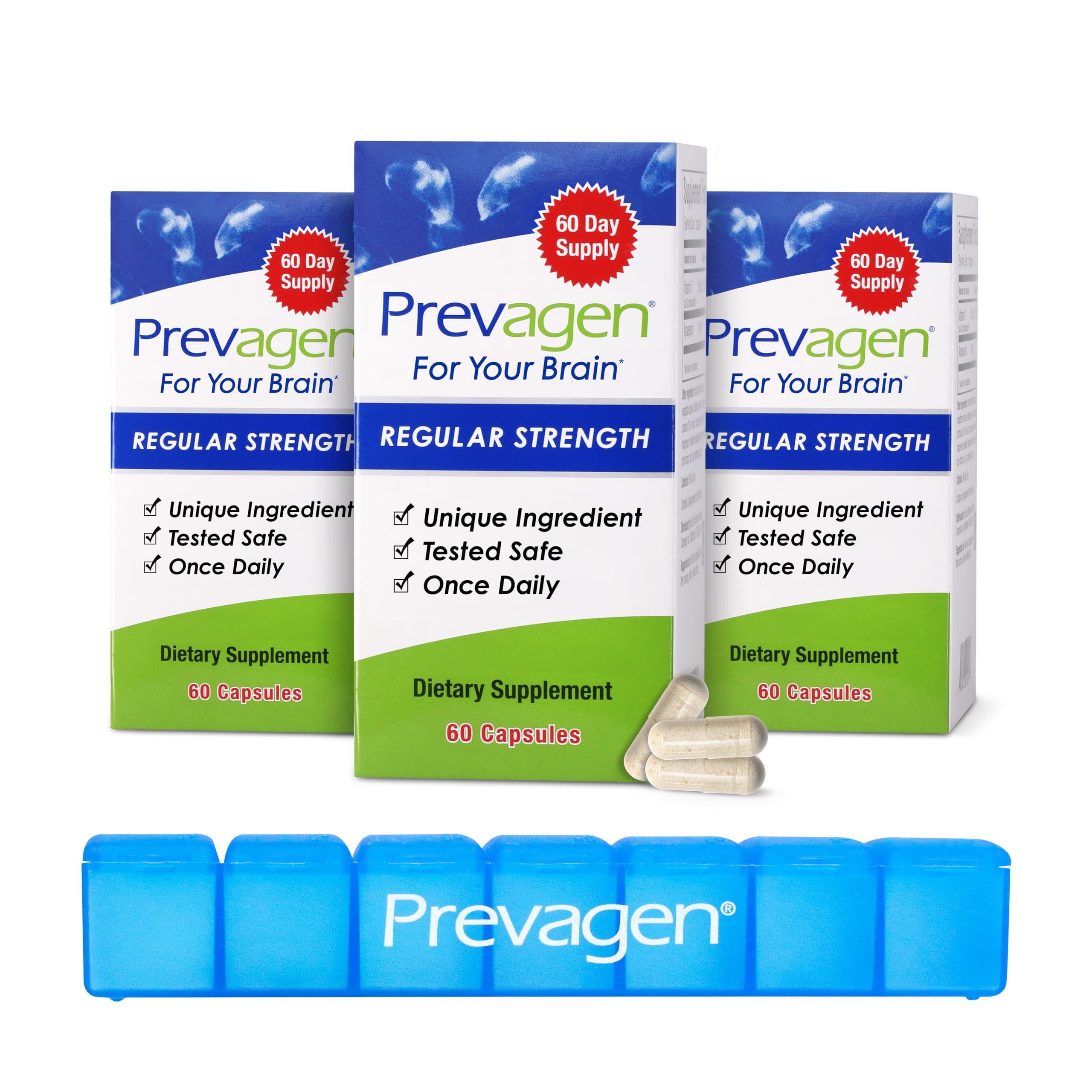 Prevagen Regular Strength bottle front showing 180 capsules for daily use.