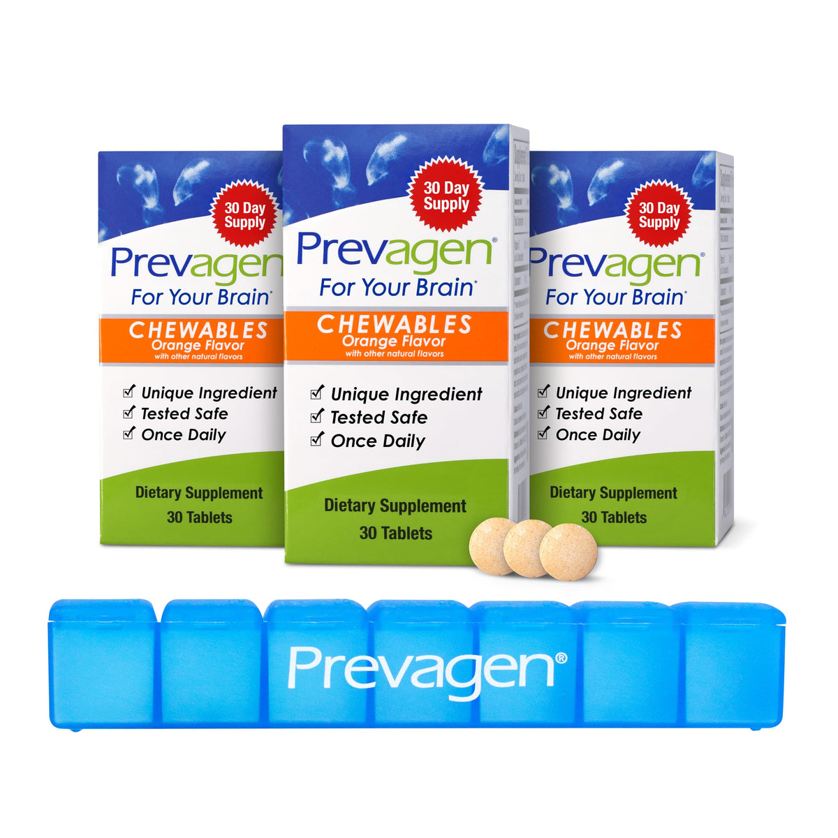 Prevagen Regular Strength orange chewables bottle front showing 90 tablets for daily brain support.