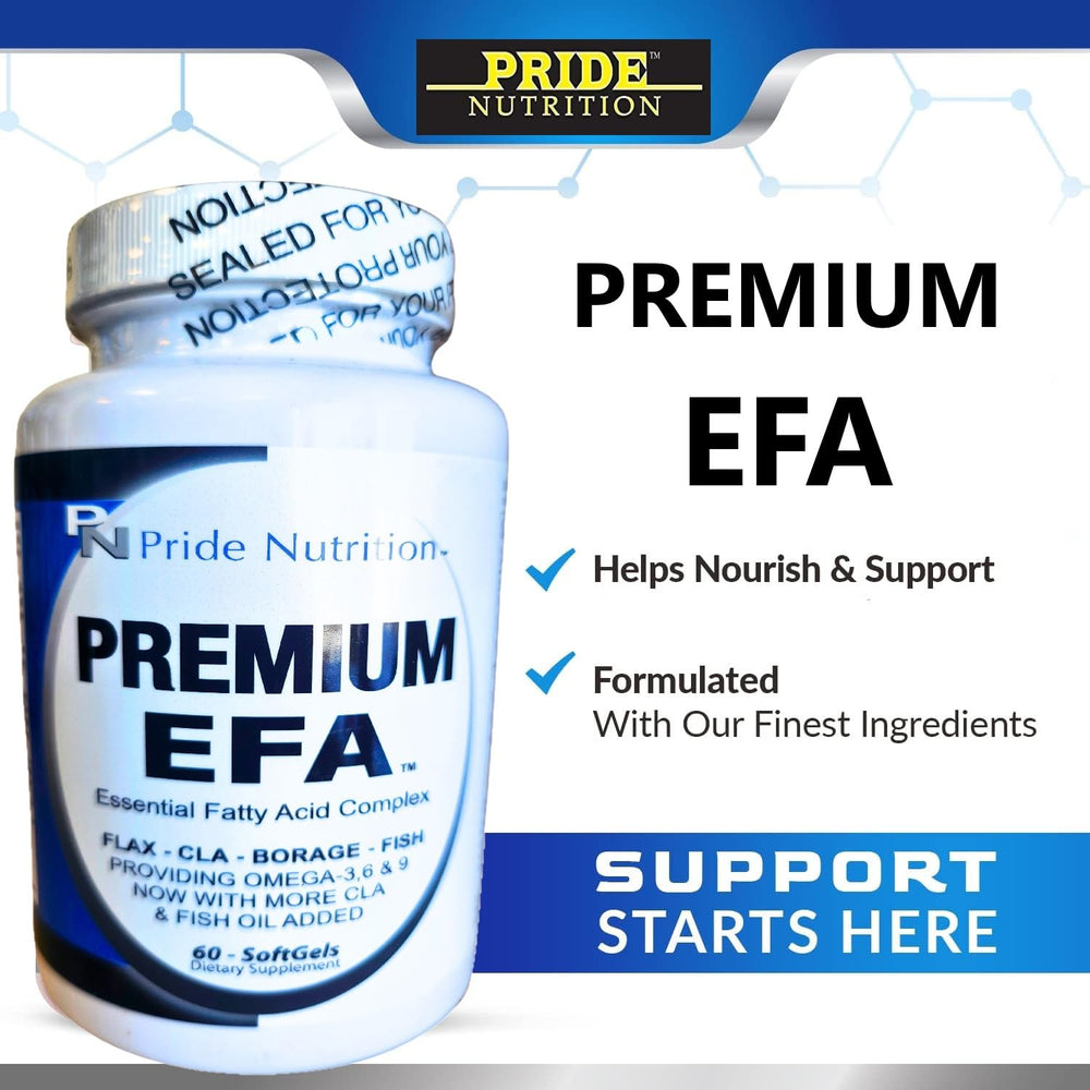 Pride Nutrition Premium EFA ingredients—fish oil, flax, borage, CLA for balanced fatty acids
