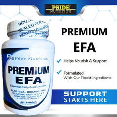 Pride Nutrition Premium EFA ingredients—fish oil, flax, borage, CLA for balanced fatty acids