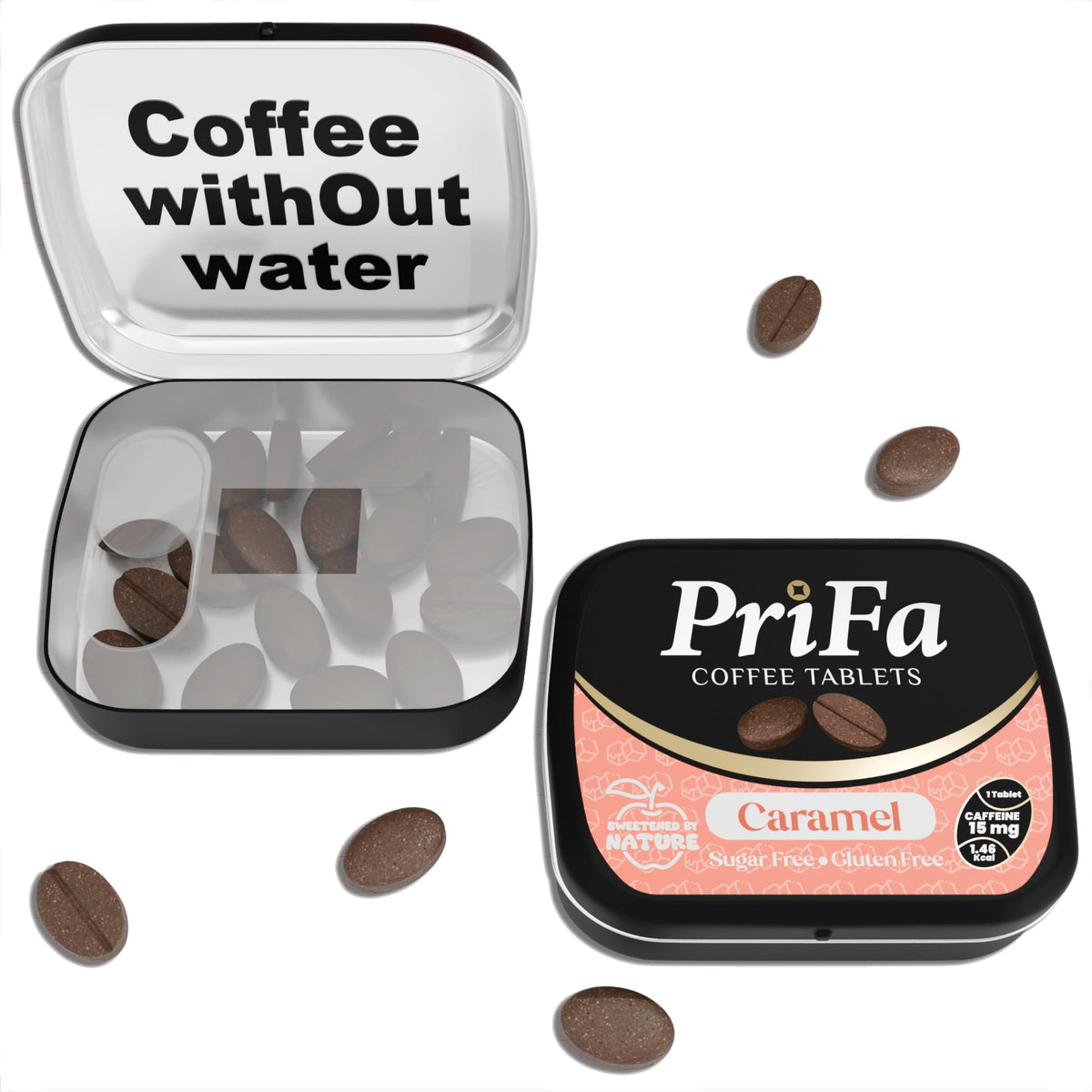 PriFa Caramel Coffee Tablets packaging in a travel tin for on-the-go energy
