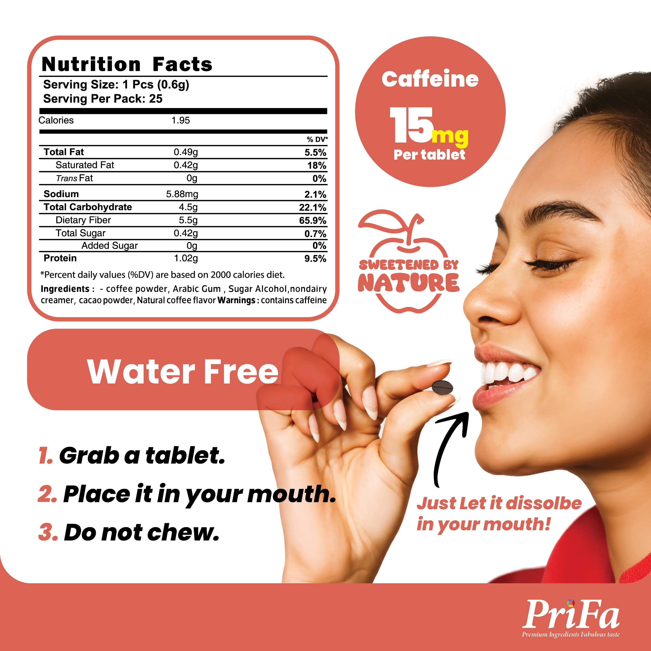 PriFa Caramel Coffee Tablets highlighting stevia-sweetened formula