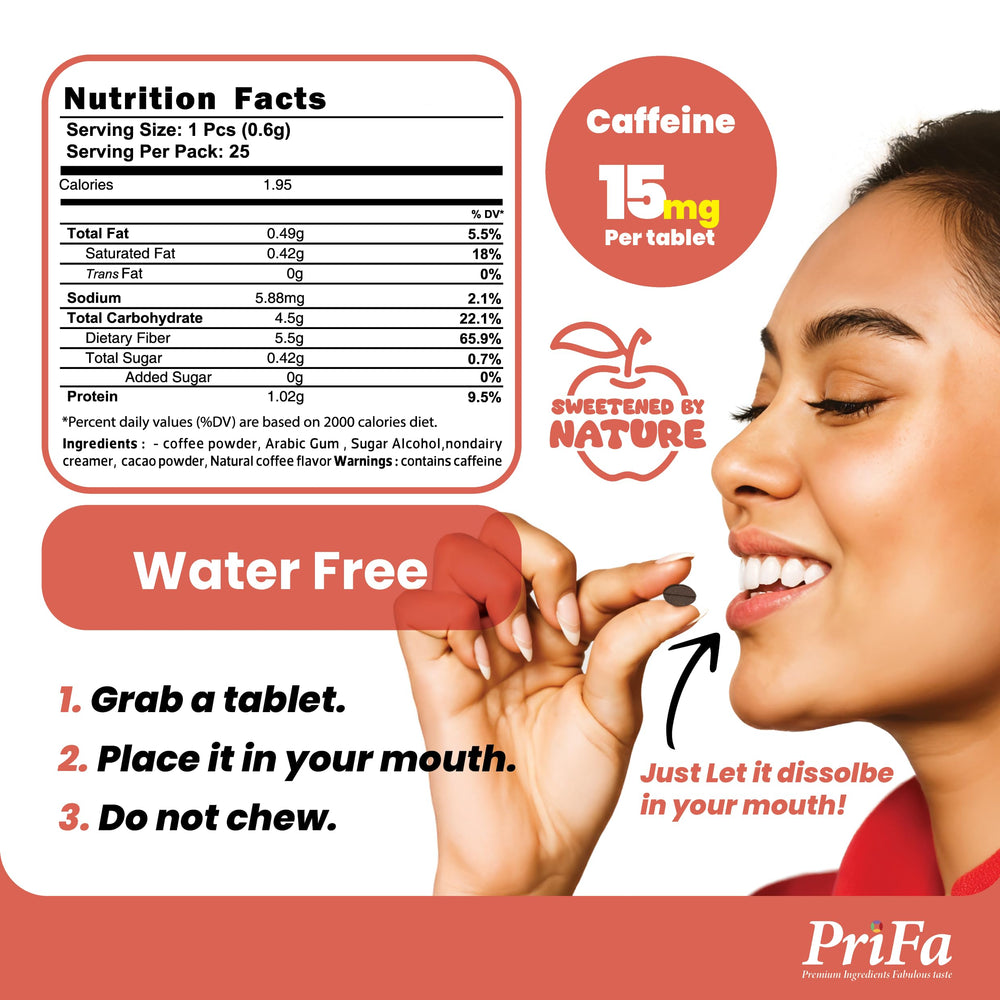 PriFa Caramel Coffee Tablets highlighting stevia-sweetened formula