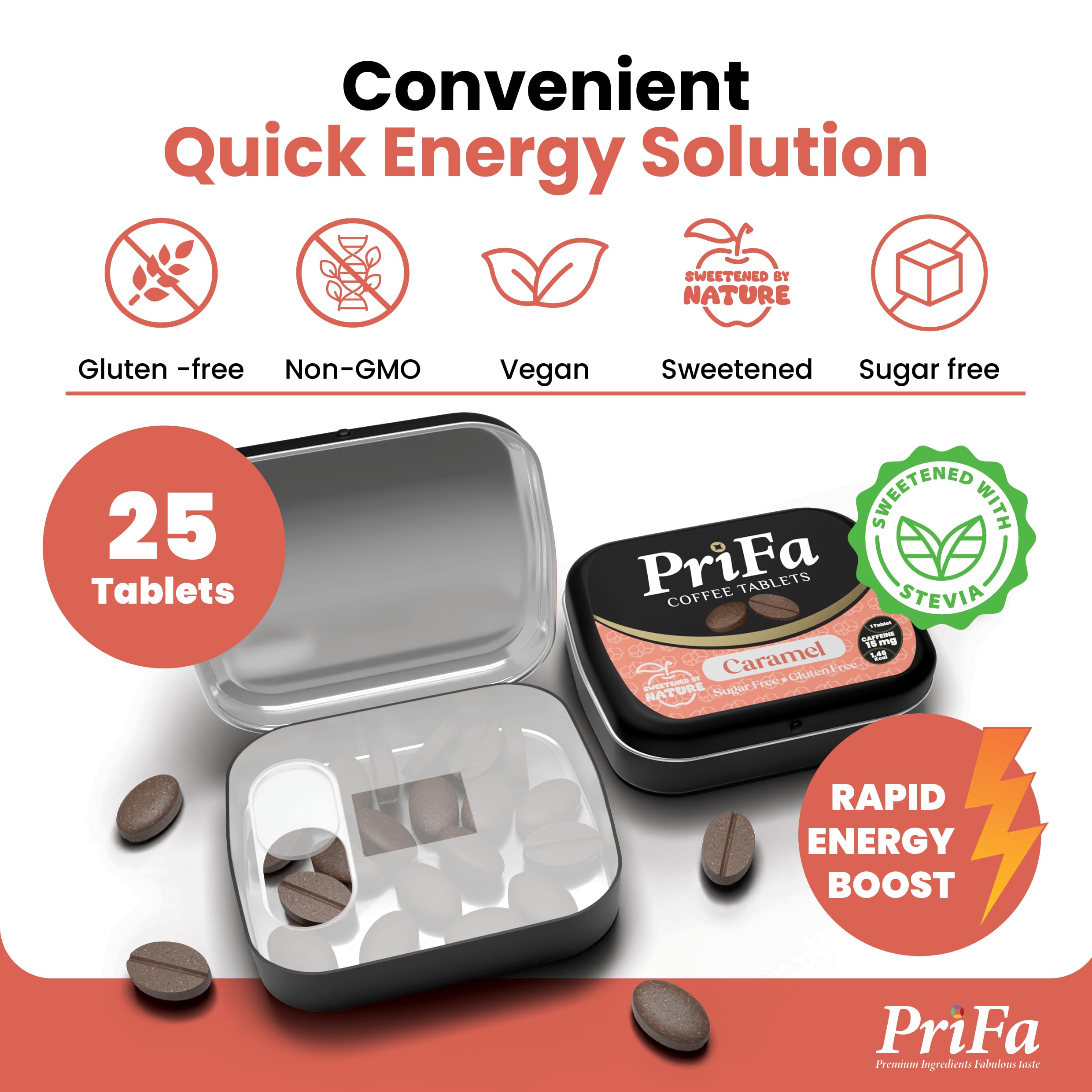 PriFa Caramel Coffee Tablets dissolving in the mouth for instant coffee moments