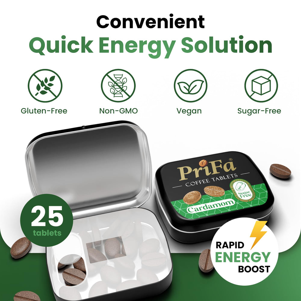 PriFa Coffee Tablets Cardamom-warm aroma in pocket-friendly packaging boosts focus.
