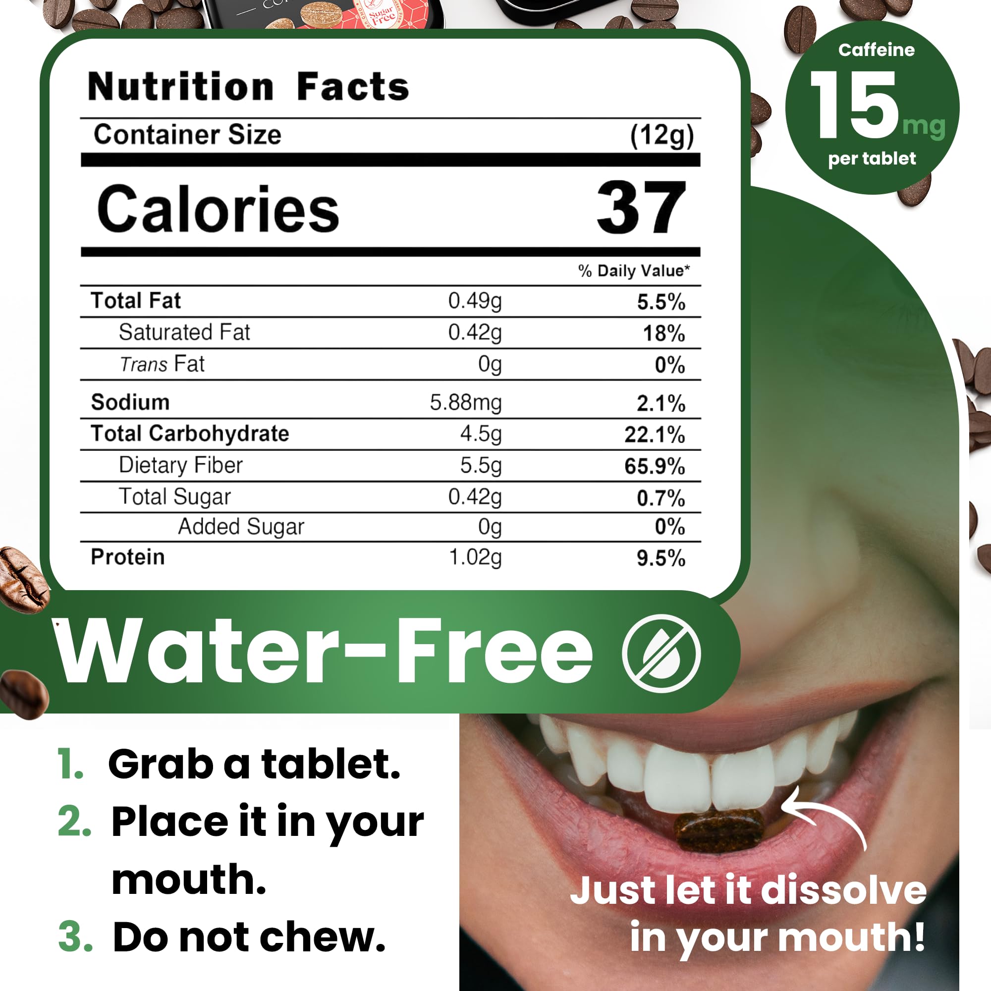 PriFa Coffee Tablets on-the-go packaging dissolves rapidly for fast caffeine release.