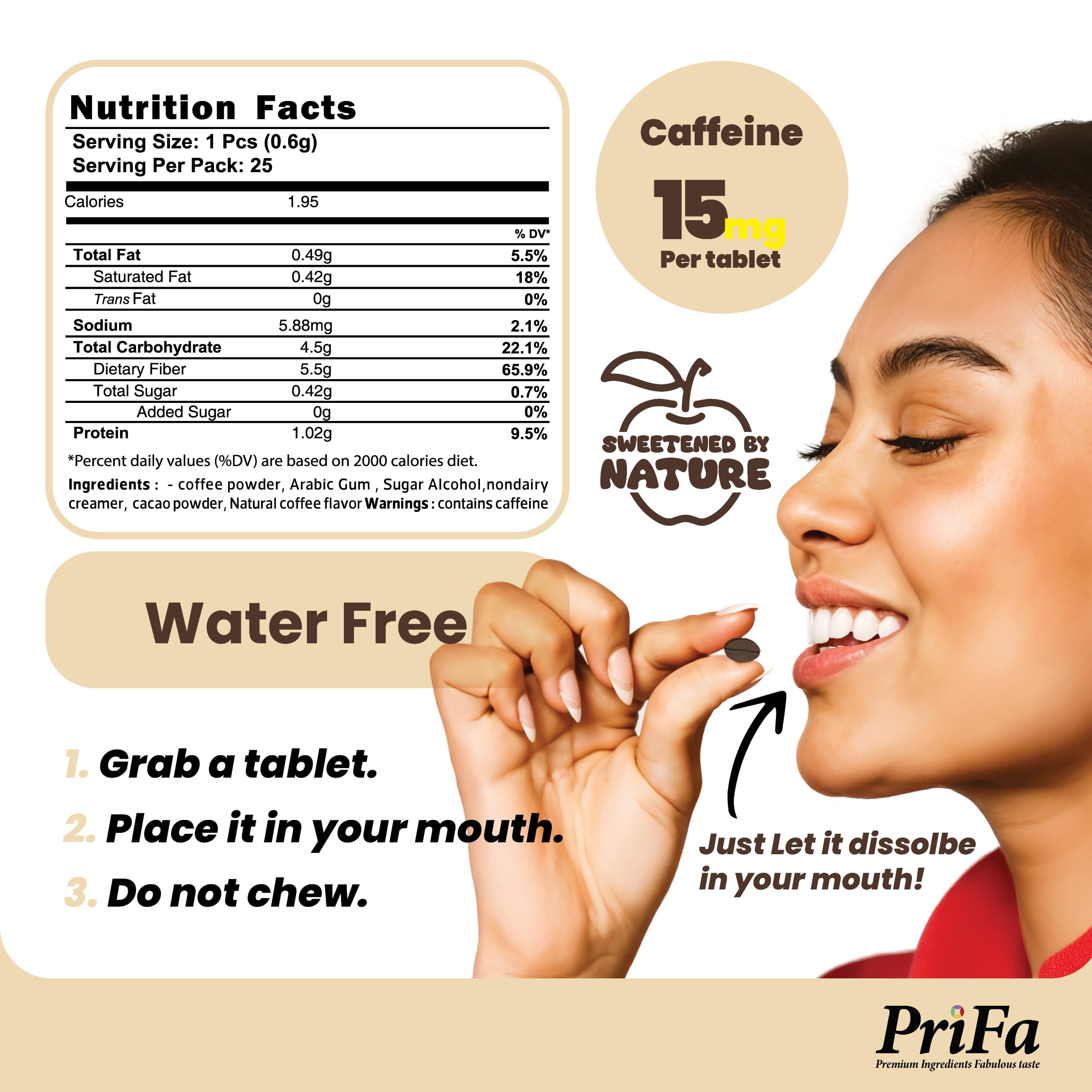 Prifa Vanilla Coffee Tablets provide a gentle 15mg caffeine boost for focus.
