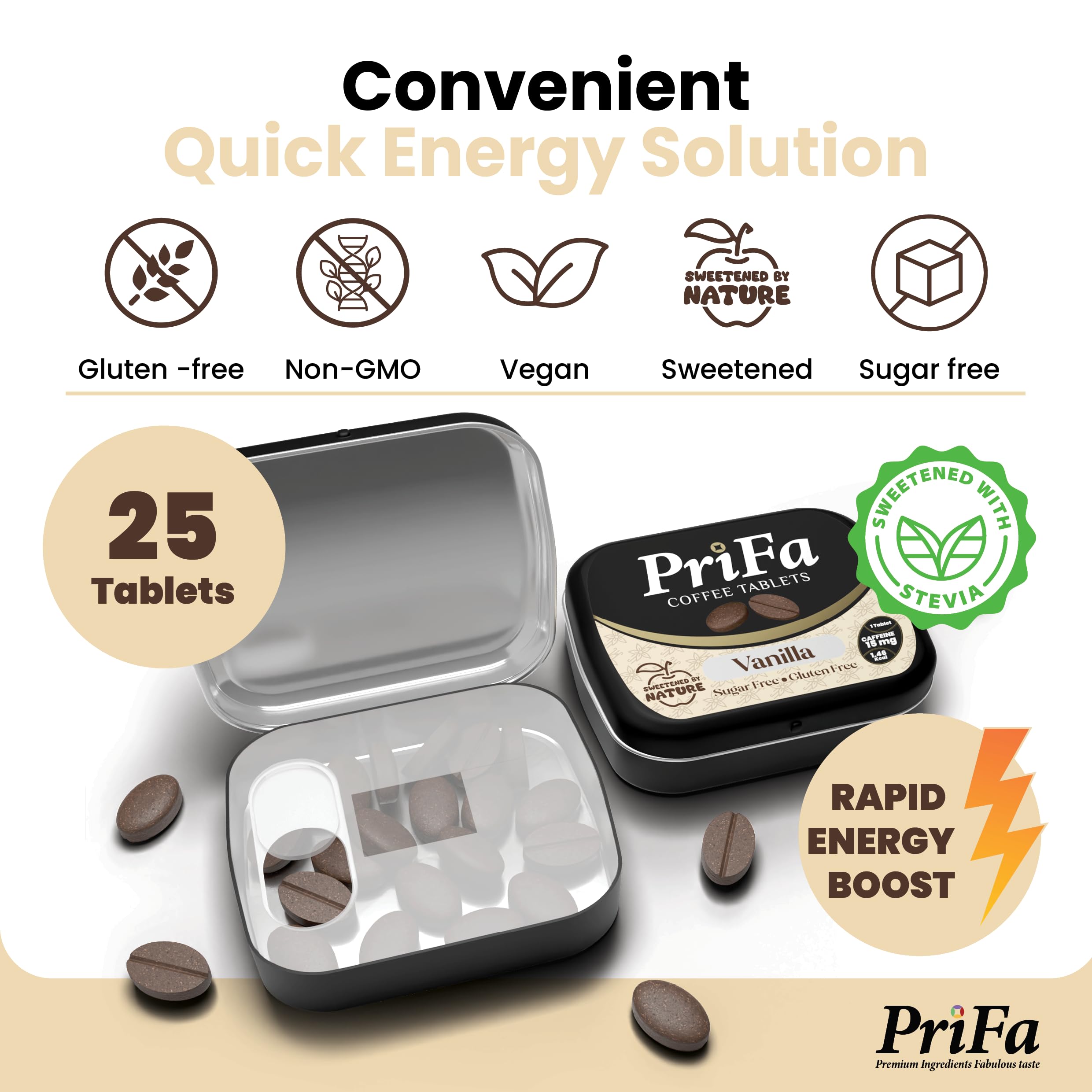 Prifa Vanilla Coffee Tablets dissolve in your mouth for instant on-the-go energy.
