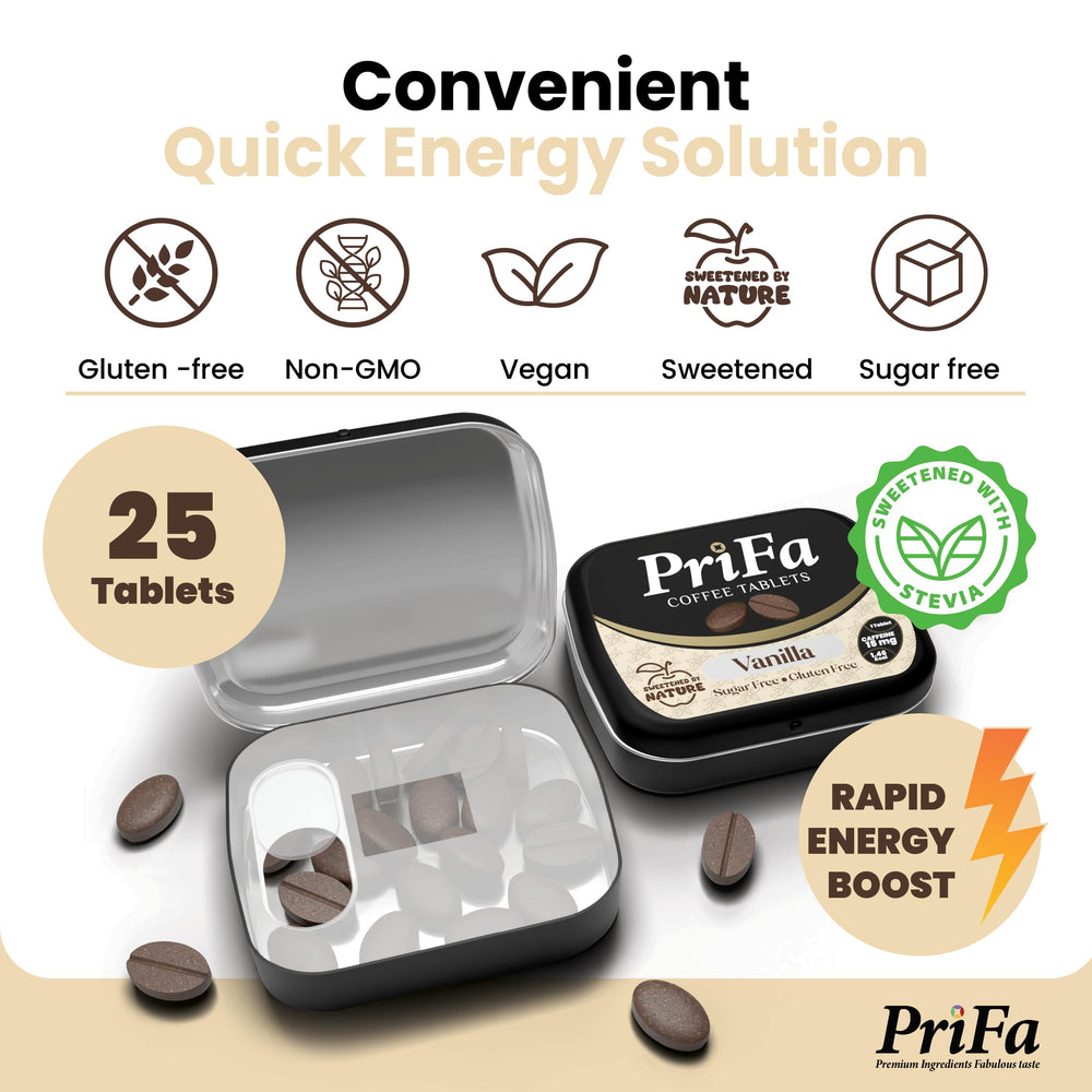 Prifa Vanilla Coffee Tablets dissolve in your mouth for instant on-the-go energy.