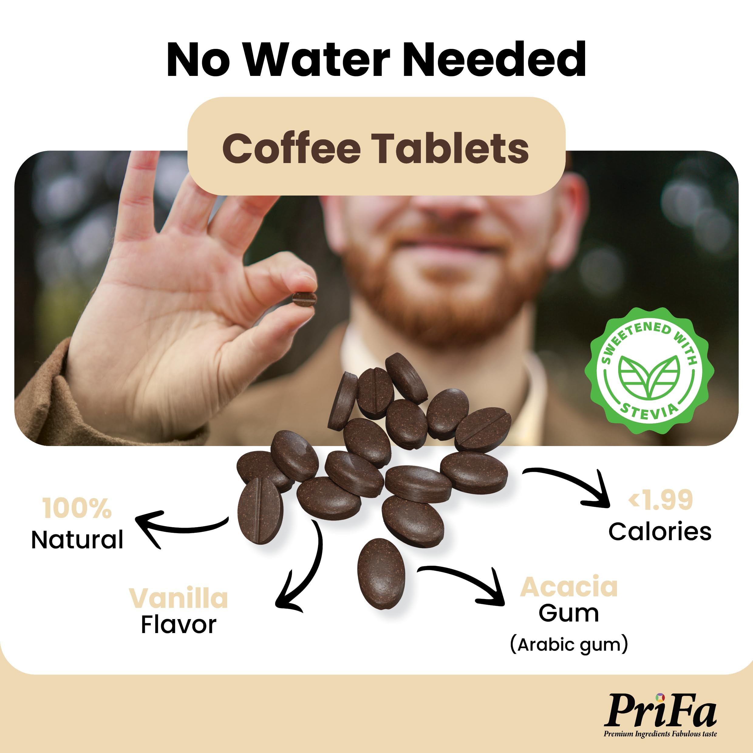 Prifa Vanilla Coffee Tablets in a portable tin ideal for travel and busy days.