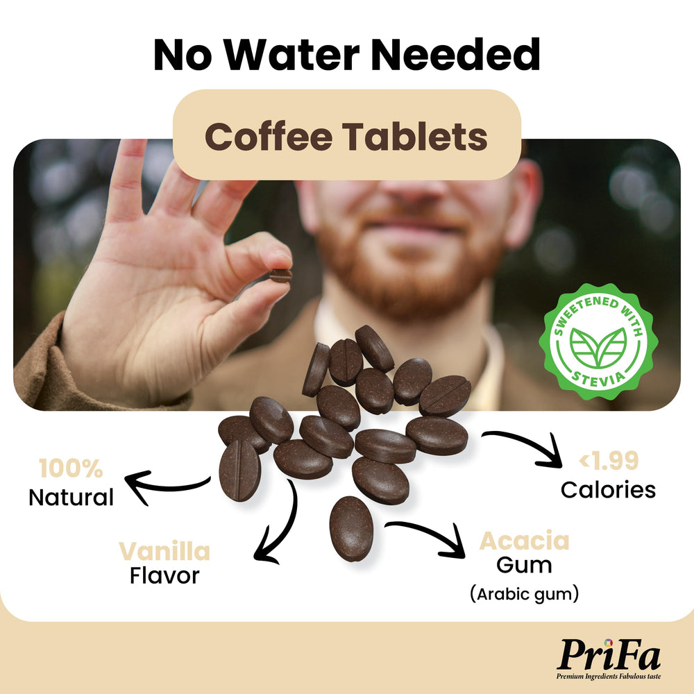Prifa Vanilla Coffee Tablets in a portable tin ideal for travel and busy days.