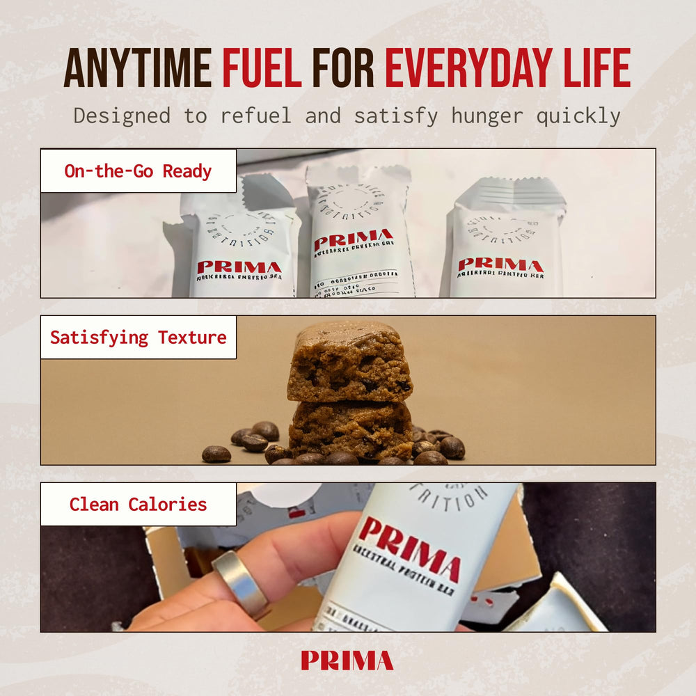 PRIMA ANCESTRAL PROTEIN BAR mocha coffee note close-up, caffeine-fueled focus