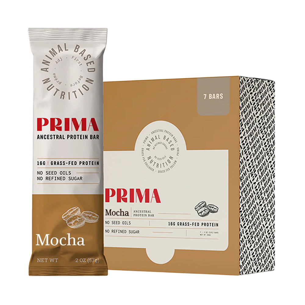PRIMA ANCESTRAL PROTEIN BAR mocha packaging on counter for on-the-go energy