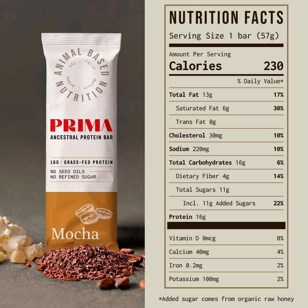 PRIMA ANCESTRAL PROTEIN BAR mocha wrapped bars close-up, convenient quick snack