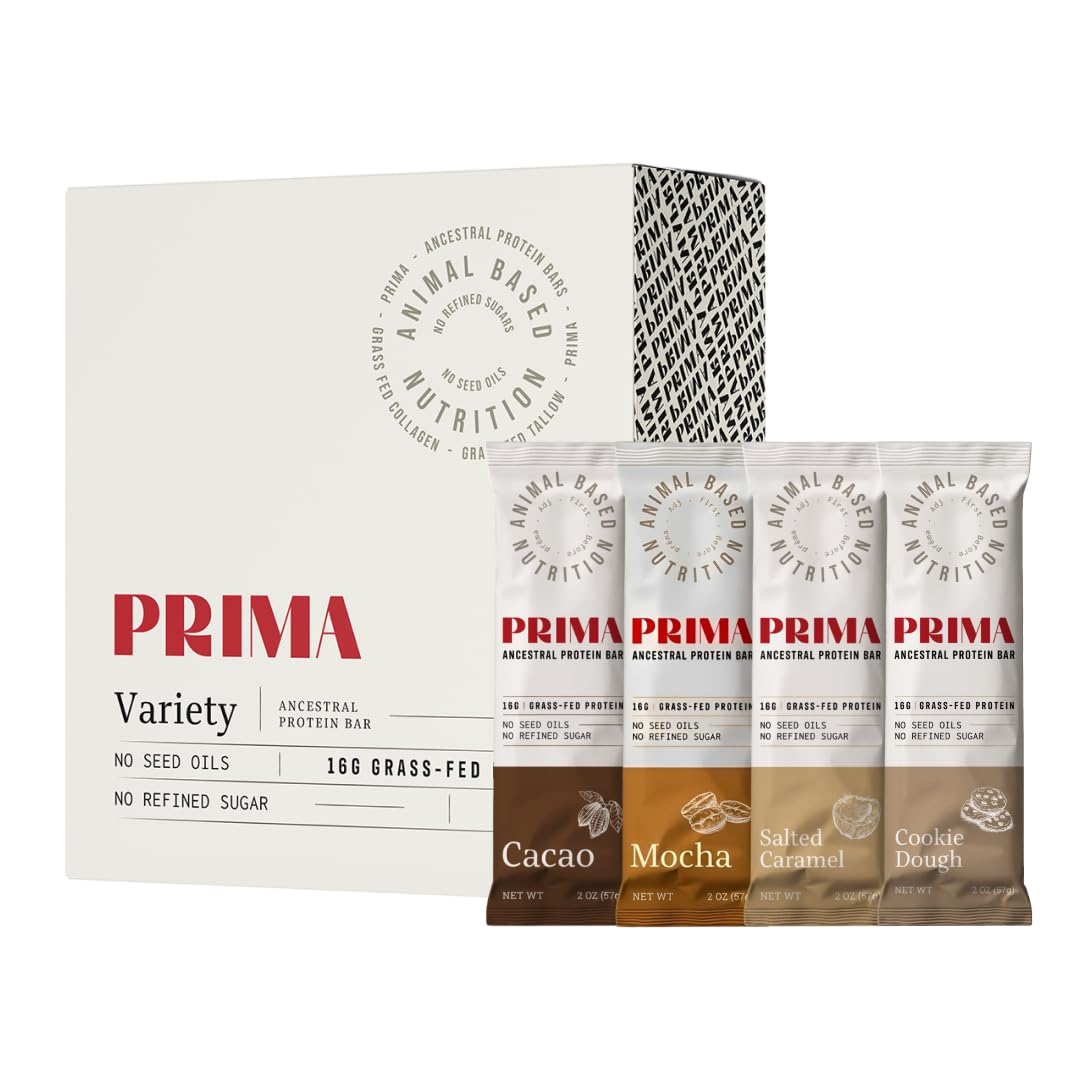 PRIMA Ancestral Protein Bar package front with grass-fed ingredients for clean energy.