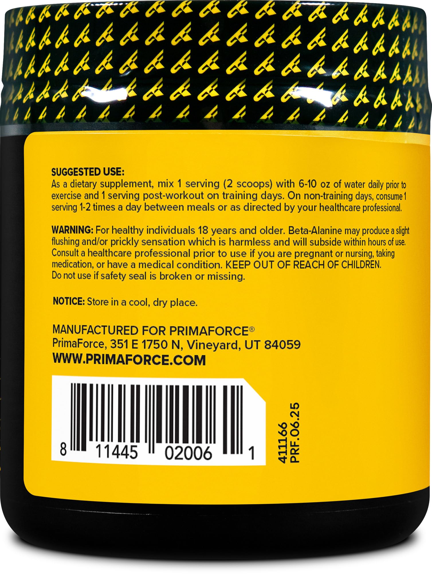 Primaforce Beta Alanine container front showing label and quality seals.