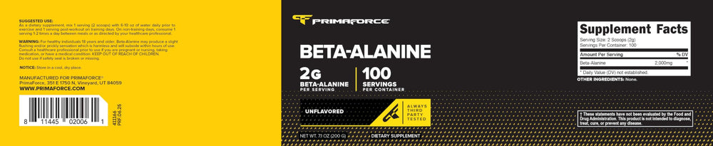 Primaforce Beta Alanine ingredients label highlights gluten free and non-GMO quality.