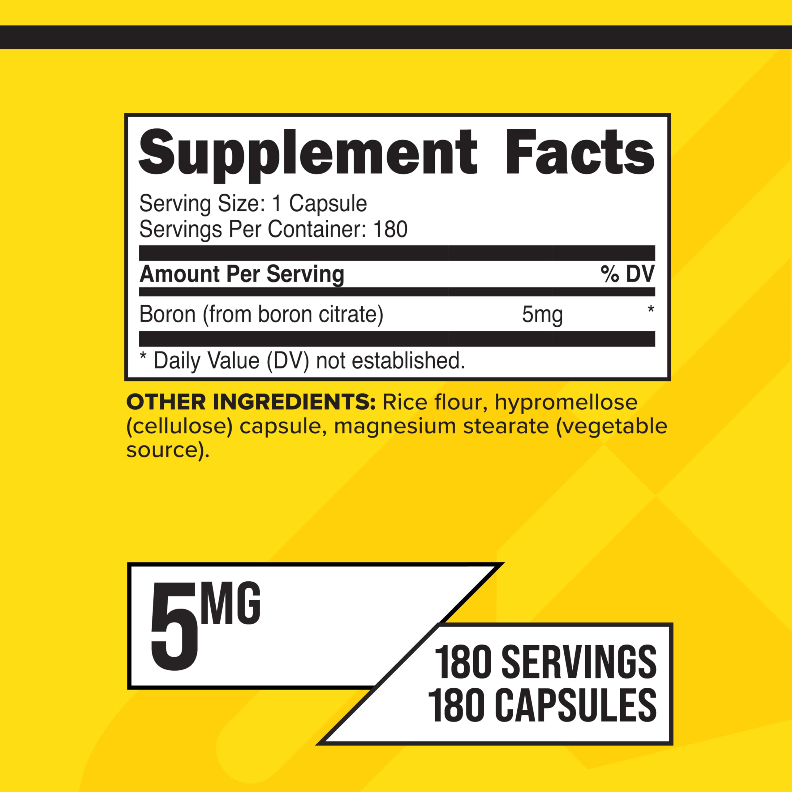Primaforce Boron capsules close-up showing 5mg per serving and easy swallow.