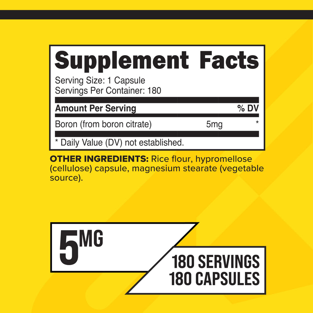Primaforce Boron capsules close-up showing 5mg per serving and easy swallow.