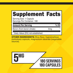 Primaforce Boron capsules close-up showing 5mg per serving and easy swallow.