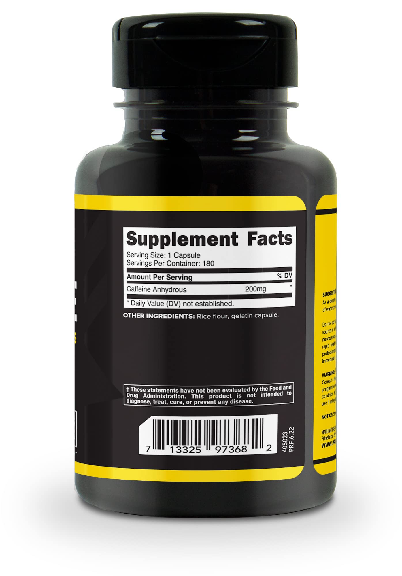 Primaforce caffeine pills 200mg GMP/FDA facility label highlighting quality