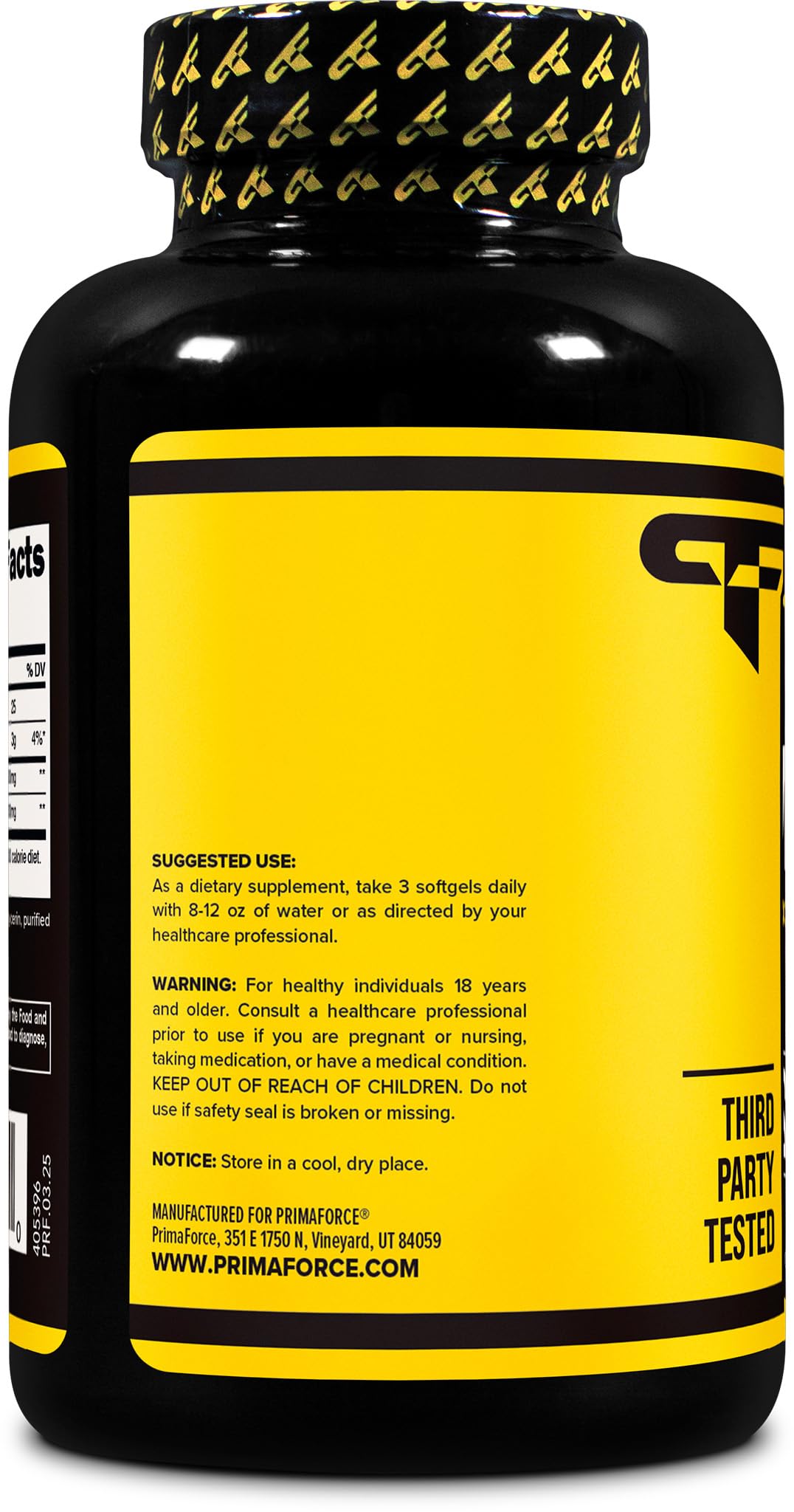 Primaforce CLA 2400 mg etiqueta, destaca calidad y pruebas de laboratorio.