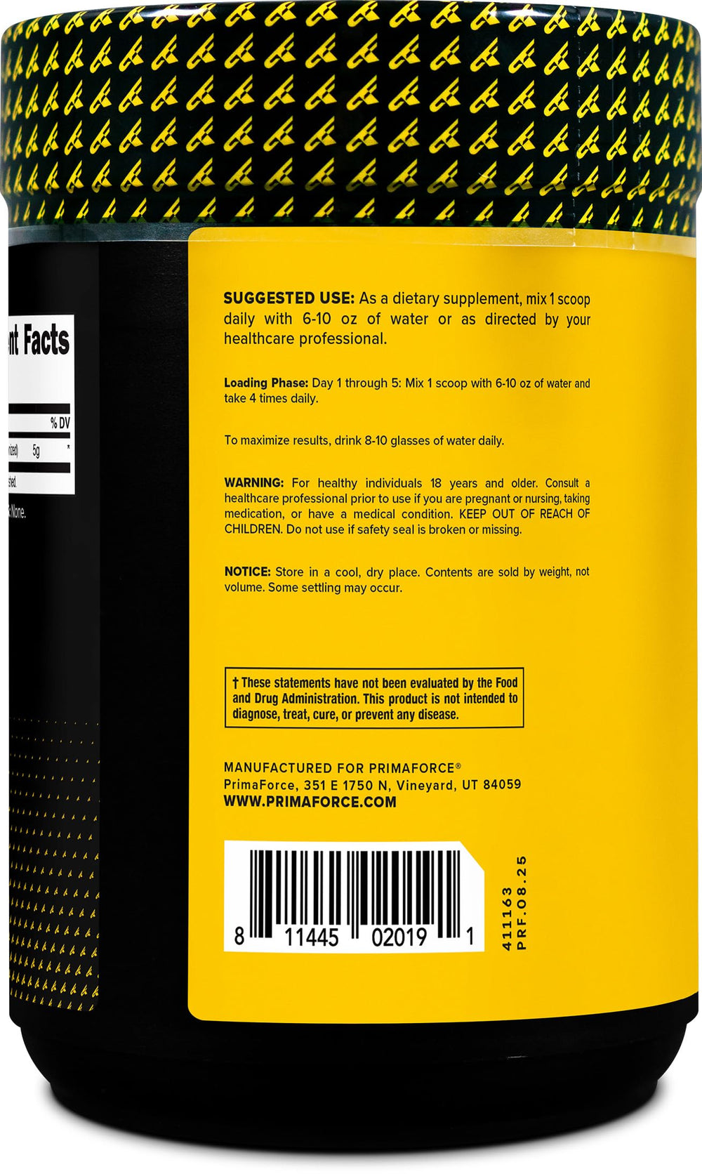 Primaforce creatine label highlighting non-GMO and gluten-free ingredients.