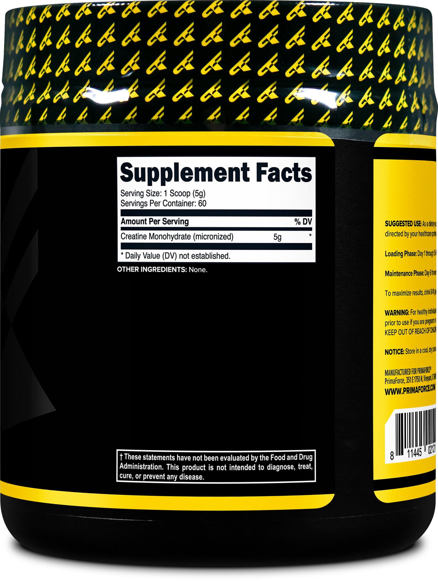Primaforce Creatine Monohydrate label highlights gluten-free and non-GMO features
