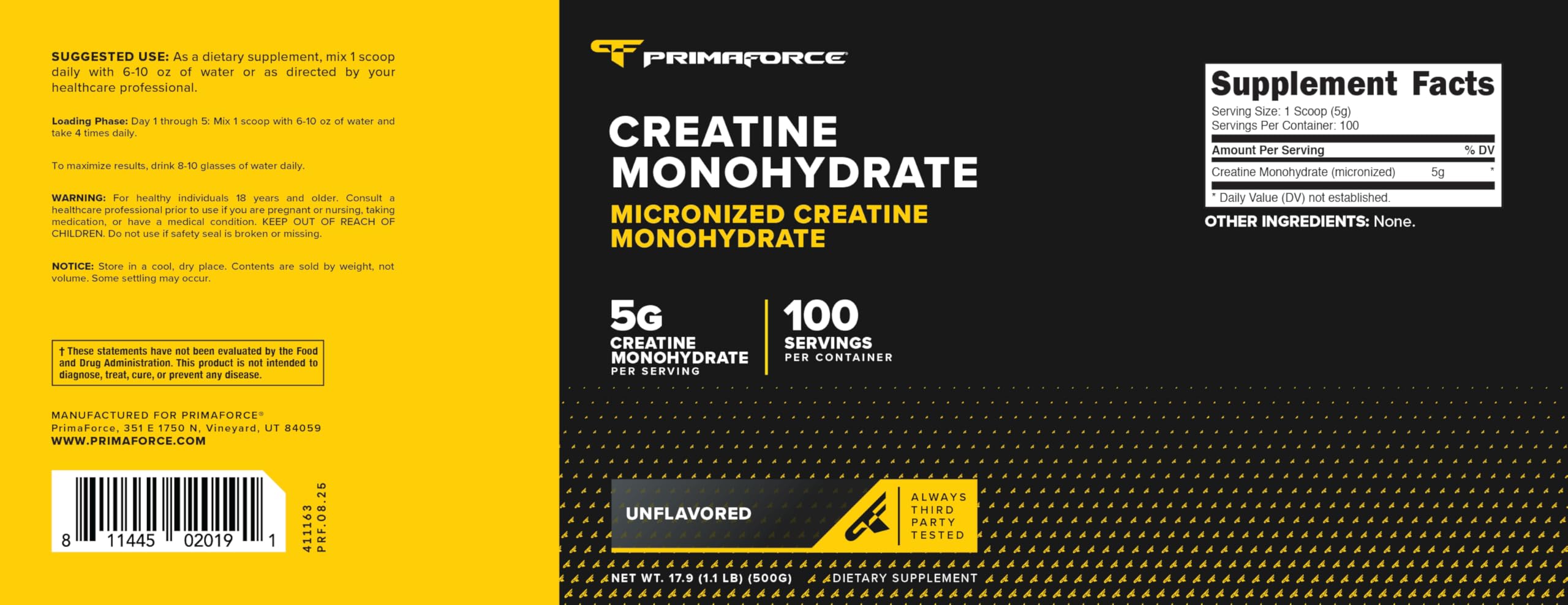 Primaforce creatine powder close-up reveals fine micronized texture for quick dissolution.