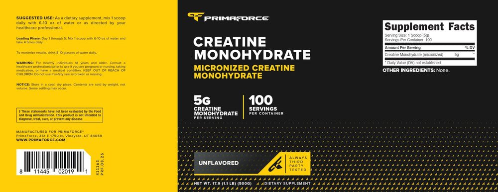 Primaforce creatine powder close-up reveals fine micronized texture for quick dissolution.