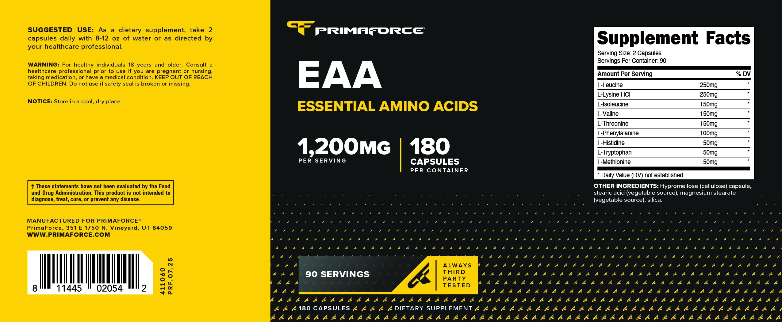 Primaforce EAA capsules ingredient panel, shows BCAA-rich essential amino acids.