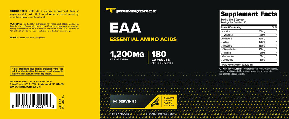 Primaforce EAA capsules ingredient panel, shows BCAA-rich essential amino acids.