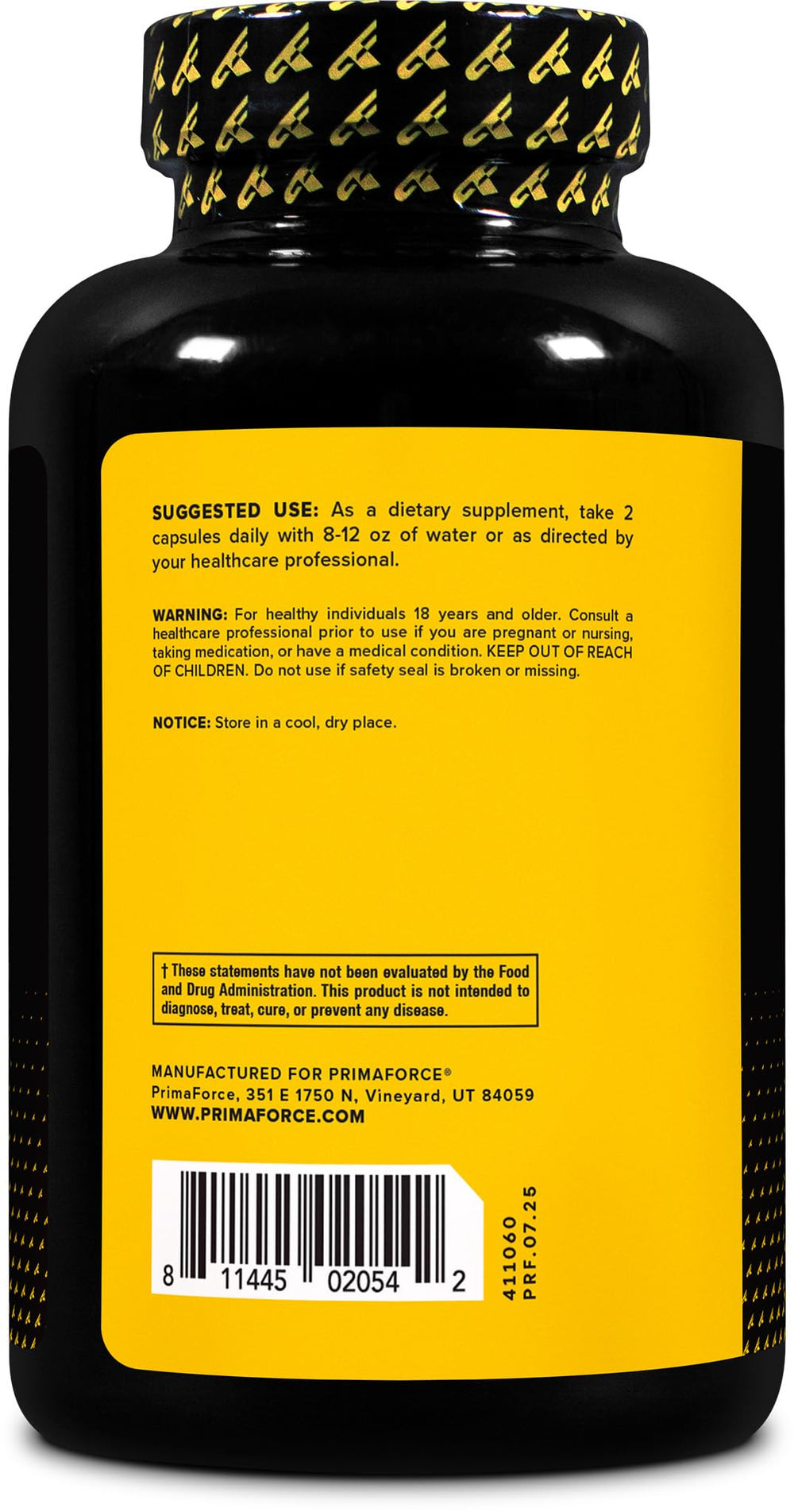 Primaforce EAA capsules label closeup, highlights non-GMO and gluten-free status.