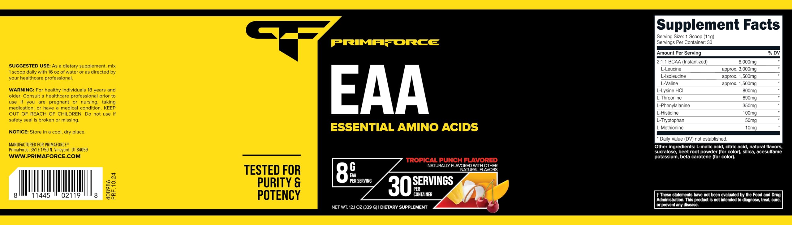 Primaforce EAA Powder nutrition panel noting NSF and GMP compliance.