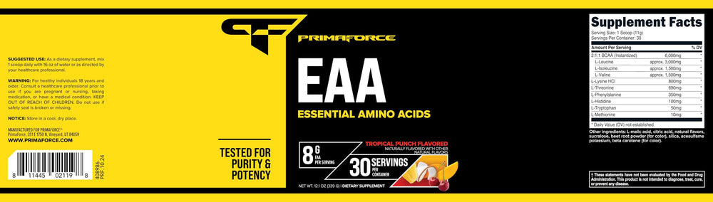 Primaforce EAA Powder nutrition panel noting NSF and GMP compliance.