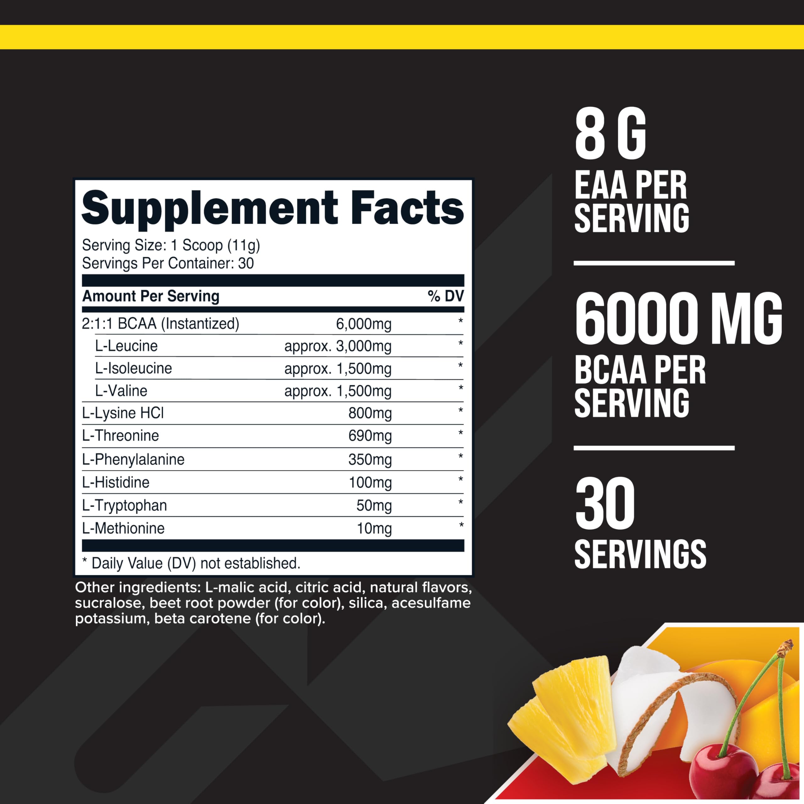 Primaforce EAA Powder Tropical Punch label highlighting ingredients and certifications.