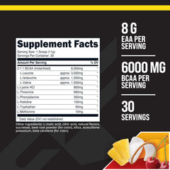 Primaforce EAA Powder Tropical Punch label highlighting ingredients and certifications.