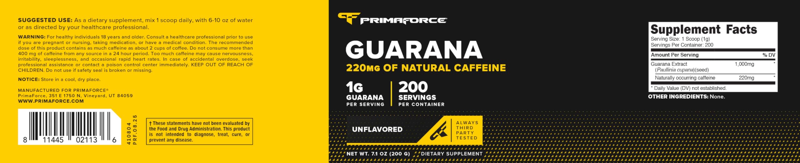 Primaforce Guarana Powder label close-up emphasizing purity and potency.