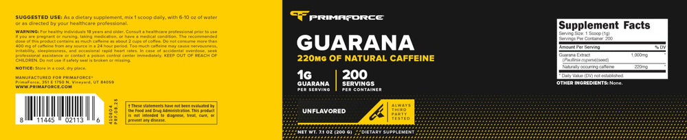 Primaforce Guarana Powder label close-up emphasizing purity and potency.