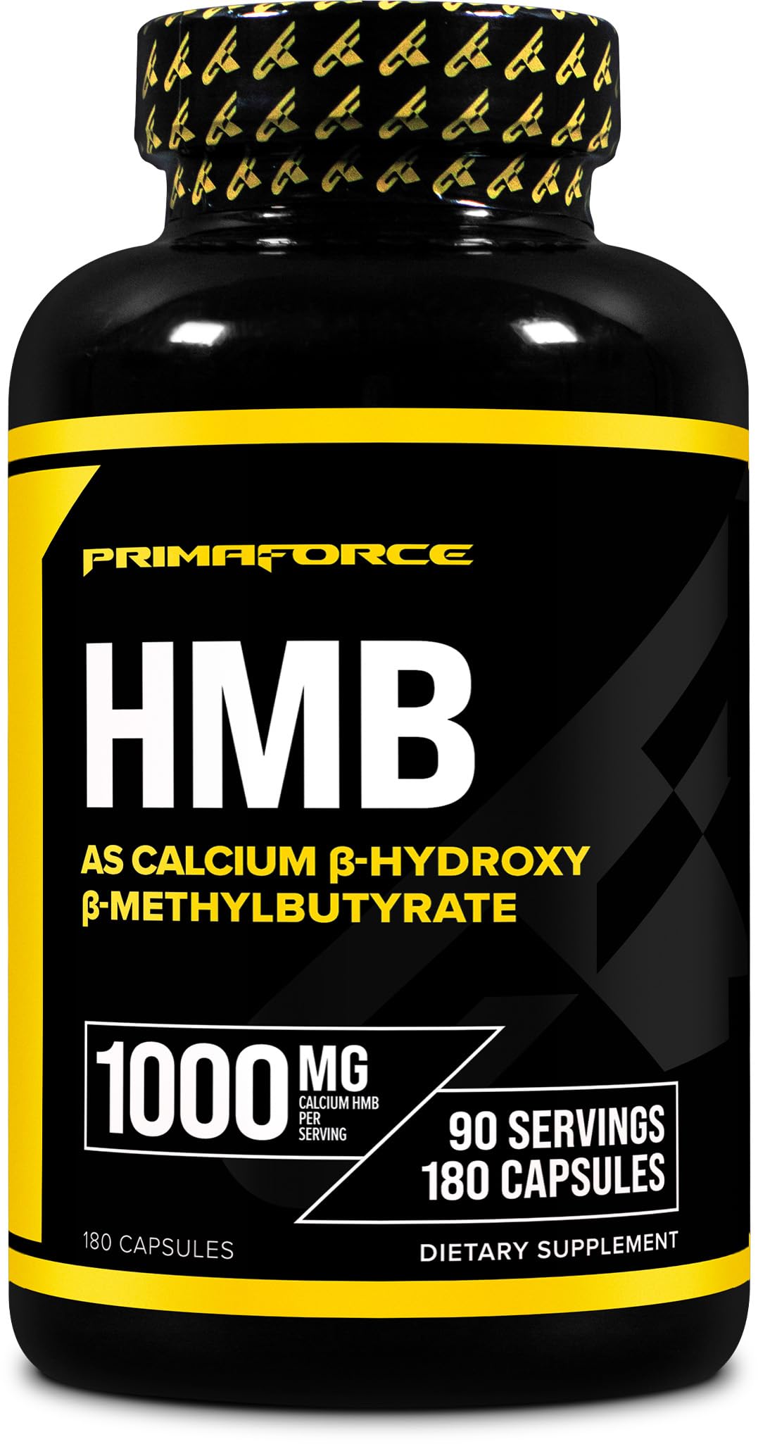 Primaforce HMB bottle label shows 180 capsules for gluten-free, non-GMO daily use.