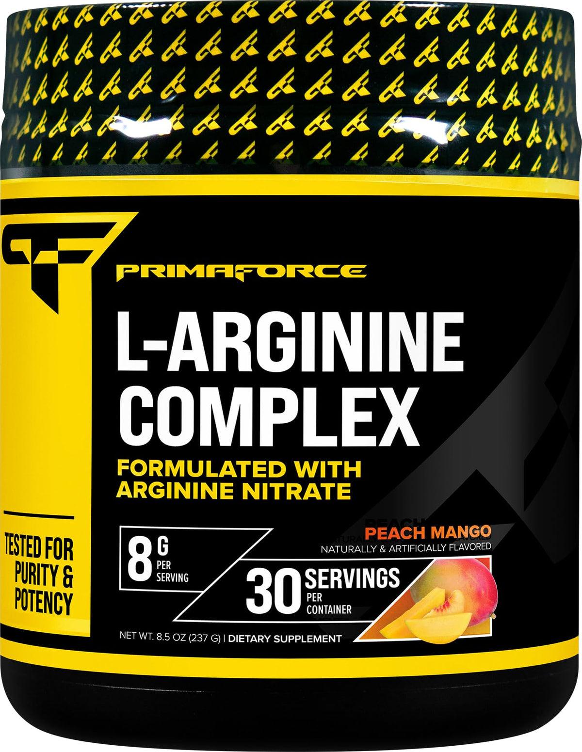 Primaforce L-Arginine Complex Peach Mango tub for pre-workout support.