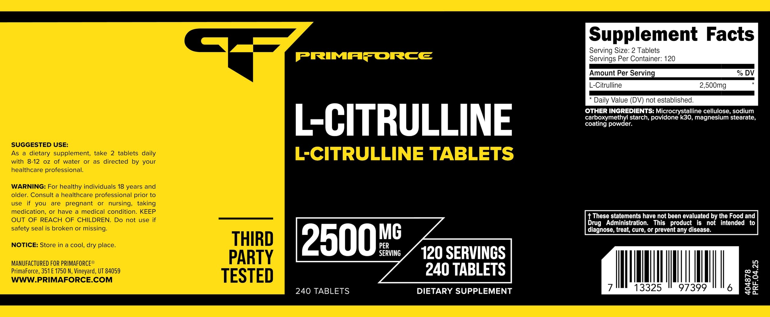 Primaforce L-Citrulline facility image underscores GMP and FDA registration.