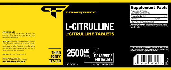 Primaforce L-Citrulline facility image underscores GMP and FDA registration.