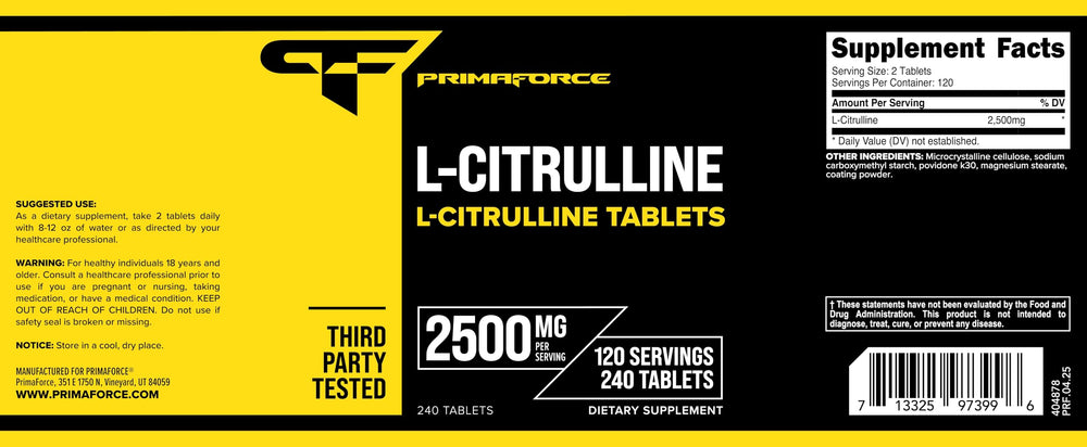 Primaforce L-Citrulline facility image underscores GMP and FDA registration.