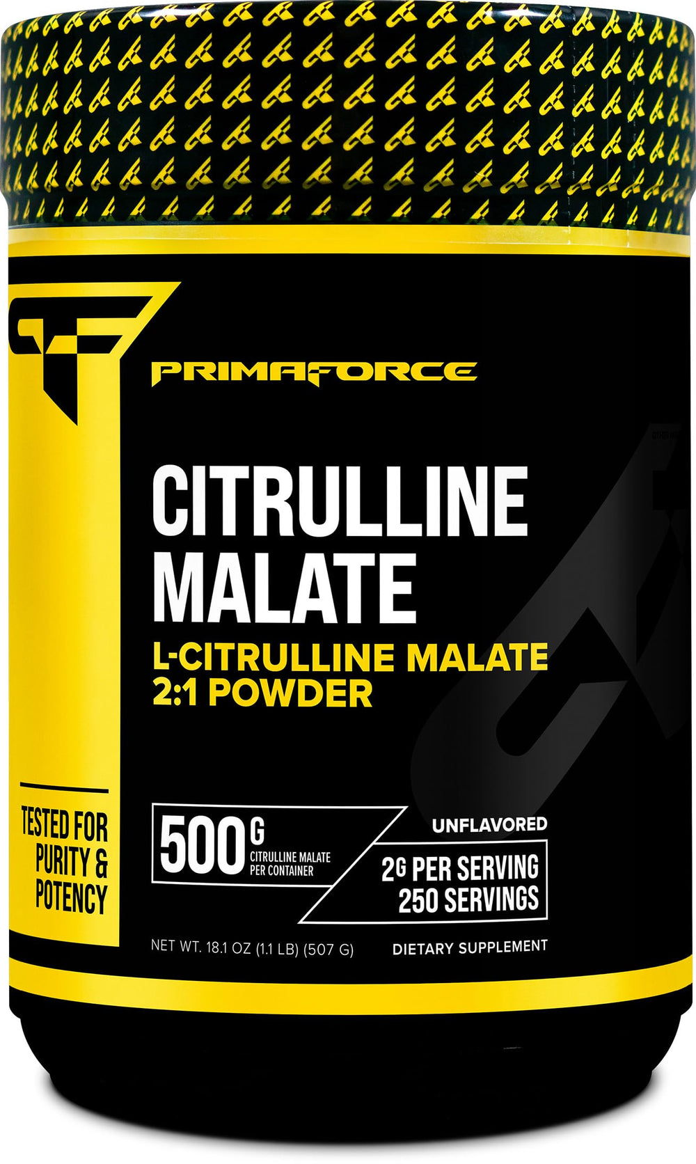 Primaforce L-Citrulline Malate powder bottle showing vegan, non-GMO formula.