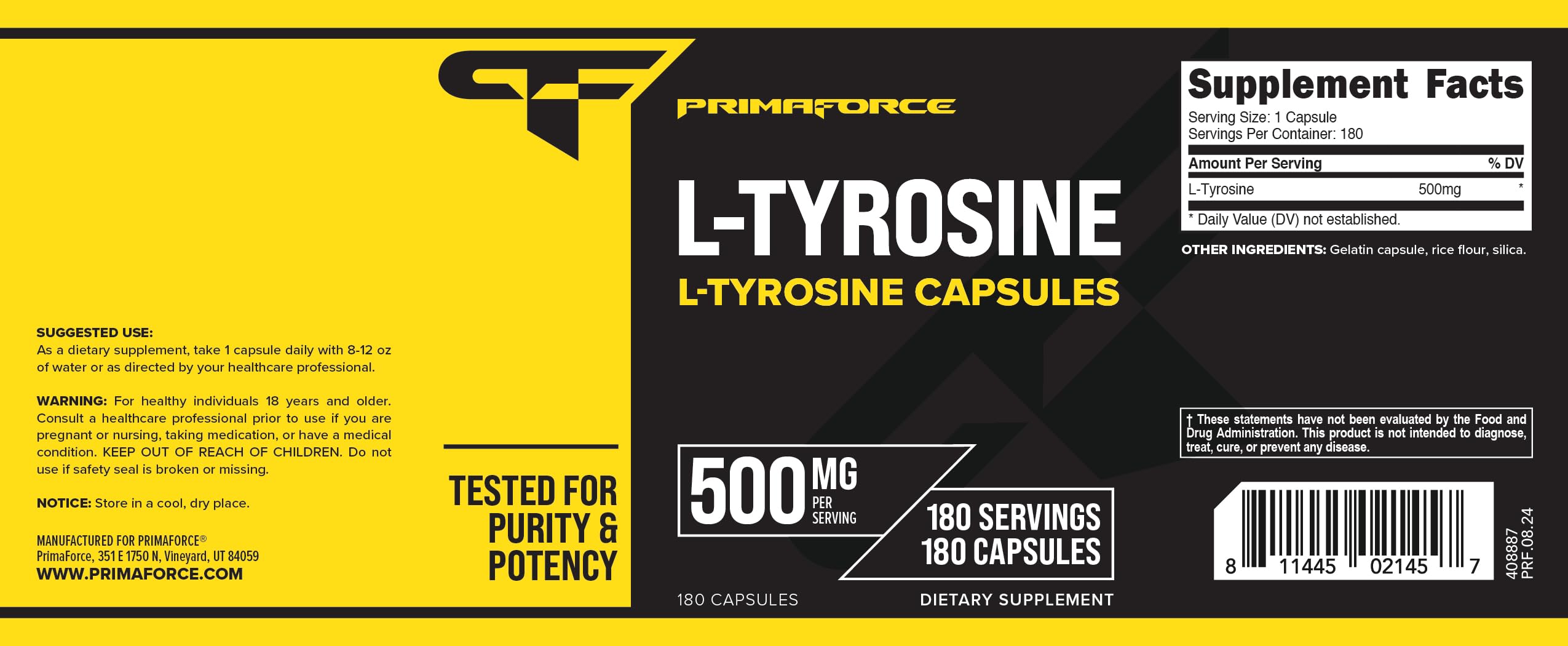 Primaforce L-Tyrosine capsules bottle top view emphasizing long-lasting supply.