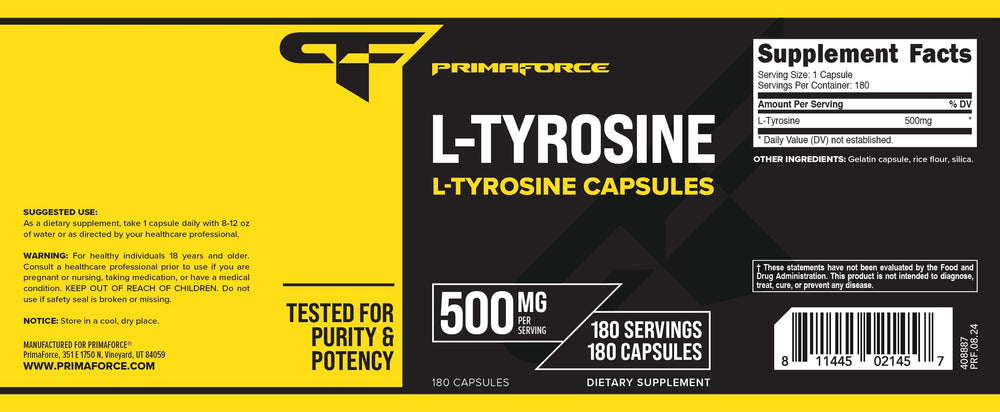 Primaforce L-Tyrosine capsules bottle top view emphasizing long-lasting supply.