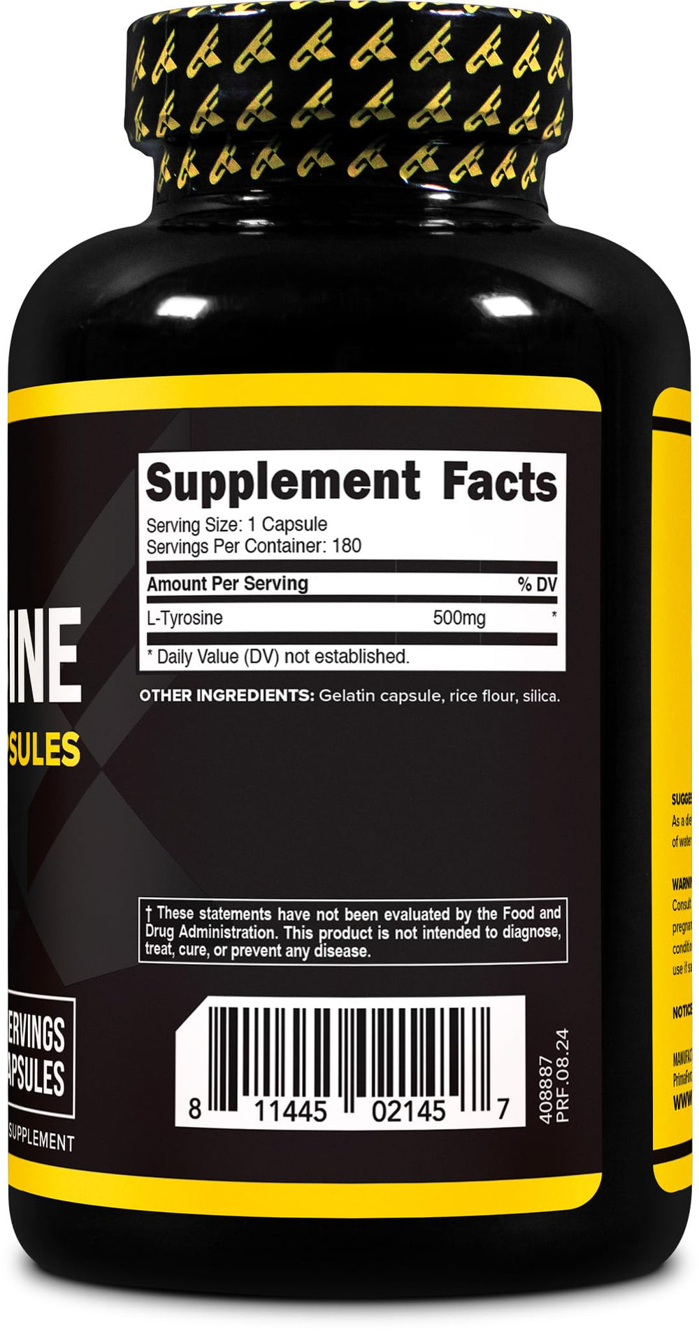 Primaforce L-Tyrosine capsules close-up label showing GMP tested quality.