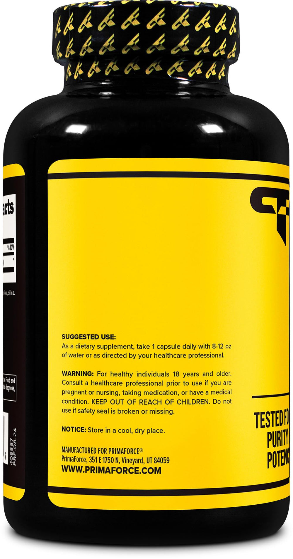 Primaforce L-Tyrosine capsules dosing visuals indicating 500 mg serving.