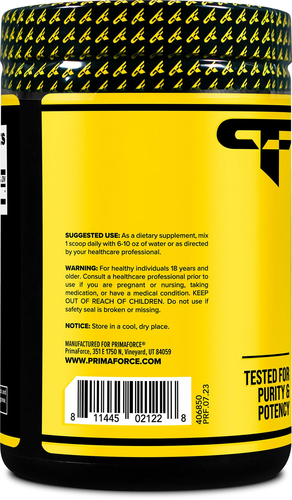 Primaforce L-Leucine powder label closeup, reveals purity and potency.